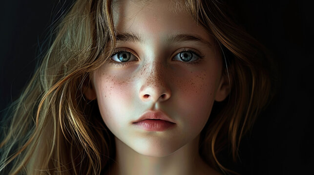 Pretty 16s teen portrait isolated on black background. Attractive girl close up. Young person look camera. Beautiful female face closeup. Natural beauty concept. Model at studio without make up