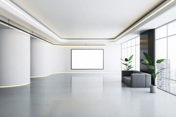Modern minimalist lobby with glowing ceiling lines and central blank poster. 3D Rendering