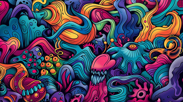 A whimsical pattern of colorful, abstract doodle characters with various playful expressions and shapes on a dark background
