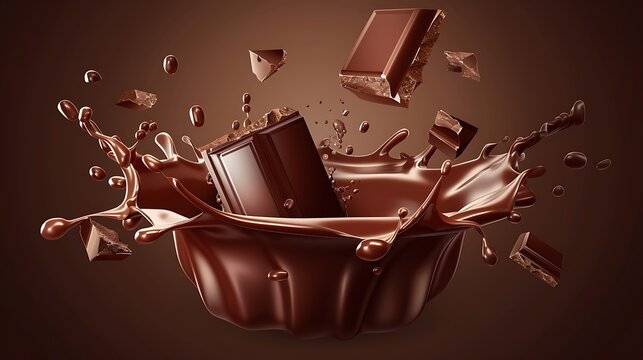 crown splash of chocolate, cocoa or coffee, pieces of chocolate bar, swirl