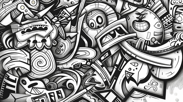 A monochrome abstract graffiti of assorted shapes and figures creating a densely packed composition of doodles