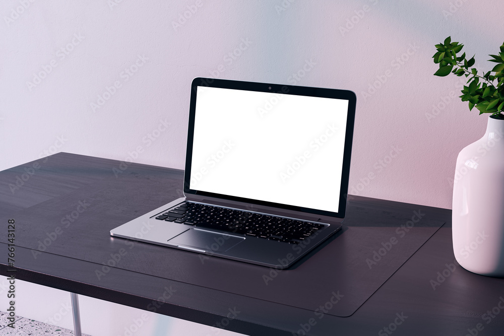 Poster laptop on wooden desk with clean setup, shadow play from natural light, mockup concept. 3d rendering