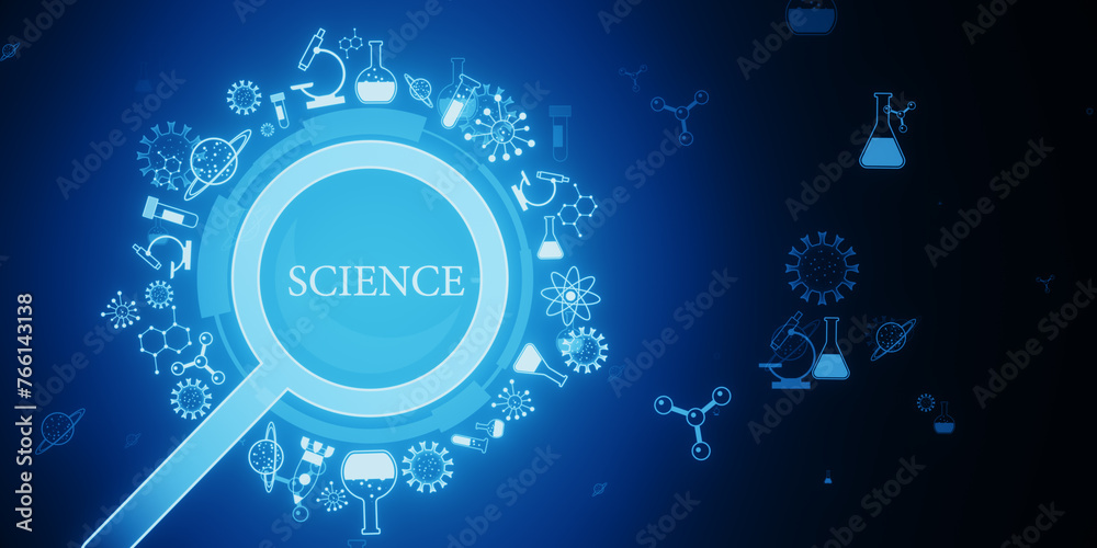 Poster science themed symbols on a blue digital background, abstract style, depicting various scientific ic