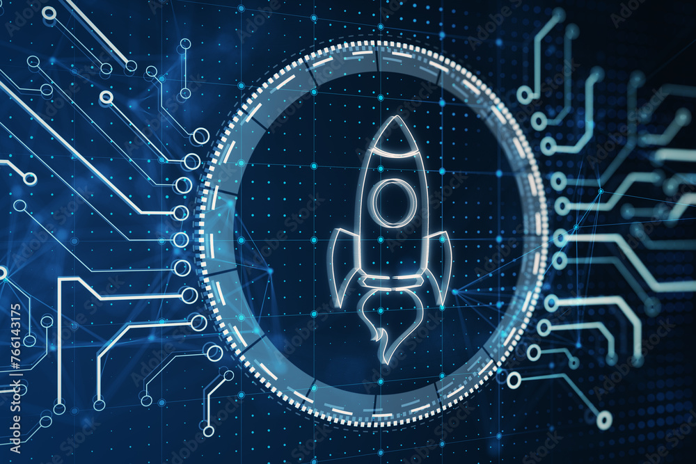 Aufkleber a neon-styled rocket icon on a blue digital circuit board background, symbolizing technology and fut