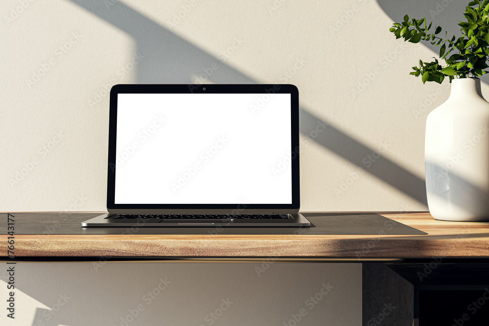 Poster laptop with blank screen on wooden desk, shadow play, workspace mockup design. 3d rendering