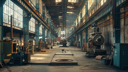 A retro industrial factory interior with vintage machinery and equipment, perfect for adding a nostalgic and industrial look to designs.