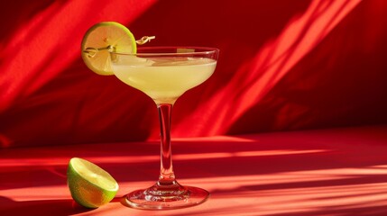 A Gimlet cocktail presented against a red backdrop, showcasing a glass of the alcoholic beverage