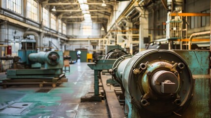 A retro industrial factory interior with vintage machinery and equipment, perfect for adding a nostalgic and industrial look to designs.