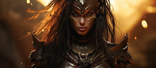 A fictional character in armor and helmet with long hair, resembling a terrestrial animal, is depicted in an action film scene - obrazy, fototapety, plakaty