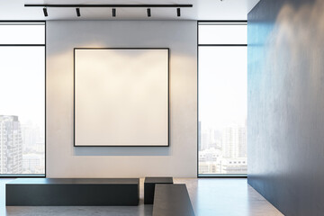 Modern art gallery interior with singular large blank frame, minimalist aesthetic. 3D Rendering