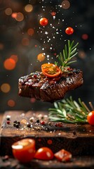 Juicy grilled steak with a garnish of rosemary and cherry tomato, salt, and pepper suspended in the air, creating an enticing aroma.