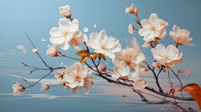 White magnolia tree in bloom on pastel blue background wallpaper surreal painting 