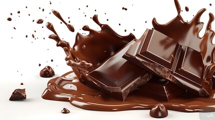 chocolate splash with bar pieces on a flat background