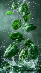 Surrounded by lively water splashes, fresh spinach appears to hover on a background of bokeh lights, resulting in a striking and surreal visual composition.