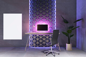 Modern home office interior with decorative wall, desk, chair, and computer, illuminated in purple light, with a poster mockup. 3D Rendering