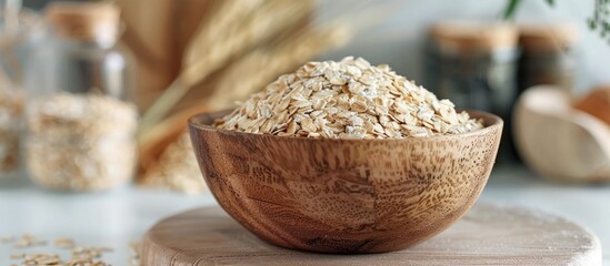 A staple food, oatmeal, is served in a wooden bowl on a cutting board. This ingredient is commonly used in baked goods and various cuisine dishes