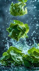 Set against a background of bokeh lights, fresh lettuce appears to float effortlessly amidst lively water splashes, offering an enchanting and ethereal spectacle.