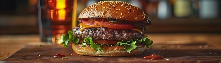 Presented on a wooden board, a close-up captures the juicy grilled beef burger topped with fresh lettuce, tomato, and a sesame seed bun, enticing with its savory allure. - obrazy, fototapety, plakaty