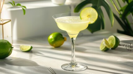 A Gimlet cocktail presented against a sunny backdrop, showcasing a glass of the alcoholic beverage