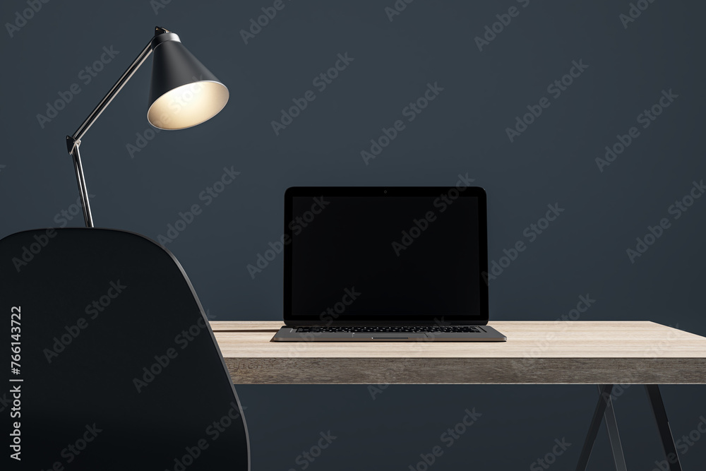 Aufkleber close up of dark designer office desk with mock up laptop on wooden desk. 3d rendering.