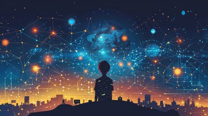 Illustration of a vector character at the center of a social media galaxy highlighting the far-reaching effects of online communities across the world.
