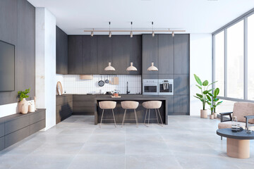 Modern kitchen interior with dark cabinetry, light floor and city view, embodies clean design, against a bright background, 3D Rendering. 3D Rendering