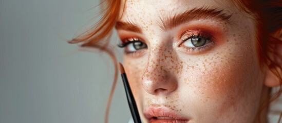A woman with red hair and freckles is enhancing her features by applying makeup with a brush, focusing on her nose, lips, eyes, and jawline, creating a stunning makeover - obrazy, fototapety, plakaty