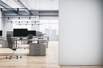 Modern office interior with desks, chairs, computers, and windows, against a cityscape background, concept of a corporate workplace. 3D Rendering