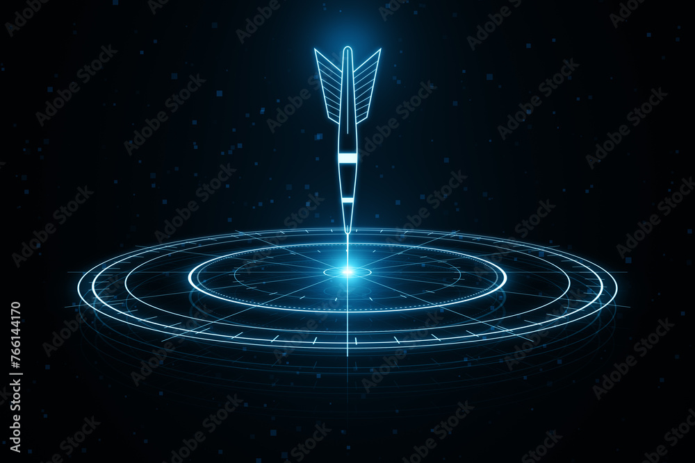 Poster Neon blue digital dart arrow and target on dark cyberspace background, representing concept of precision and technology. 3D Rendering
