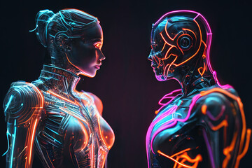 Social media, neon man and woman look at each other. Virtual communication. 