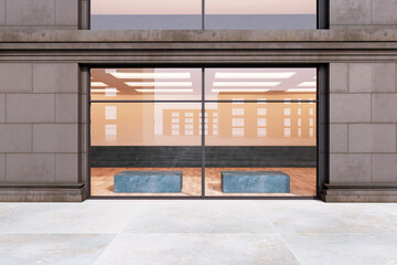 A minimalist shopfront with large windows and two empty podiums for product display, on a city street background, concept of modern retail space. 3D Rendering