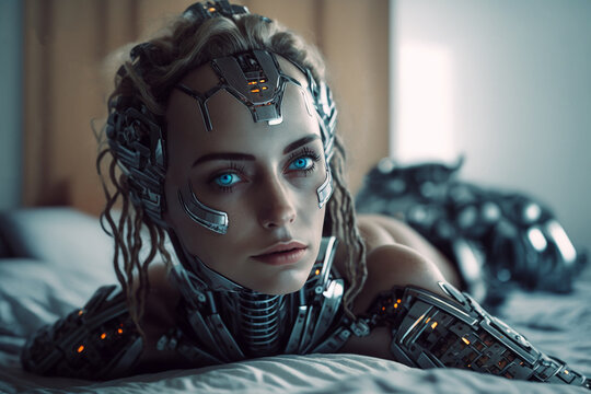 Sexy robot girl in bed in the bedroom in an attractive position. 