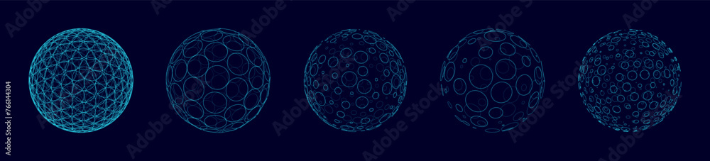 Poster Circle Lines on 3D Spheres. Global Digital Connections. 3D Wireframe Sphere Symbols Illustration. Abstract 3D Design. Technology Science Style Vector Background.