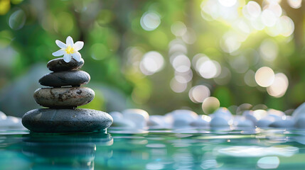 Obraz na płótnie Canvas Soothing zen stone stack with frangipani flower, serene water surface for relaxation and spa settings.