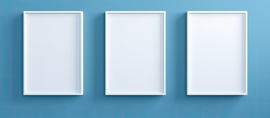 Fototapeta na wymiar Three identical white picture frames are hanging neatly on a plain blue wall, creating a simple and modern display