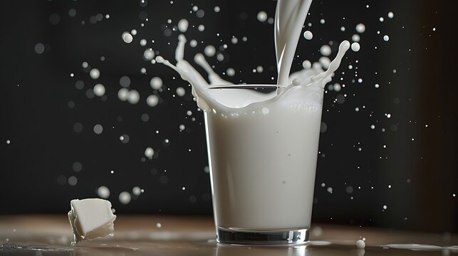 Fresh milk pouring into glass creating splashes on a transparent background