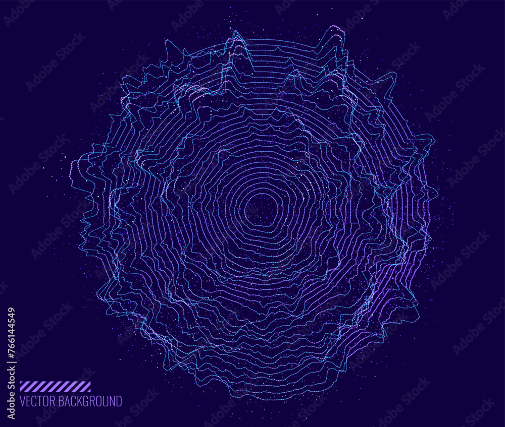 Poster Abstract Digital Circles of Particles. Futuristic Circular Sound Wave. Big Data Visualization. 3D Virtual Space VR Cyberspace. Crypto Currency Blockchain Concept. Vector Illustration.