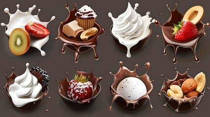 Fruit, berries and nuts. Milk and chocolate splashes, ice cream. 3d vector icon set