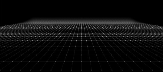 Wide Black Blueprint Background Texture. Perspective Grid with Depth of Field Effect (DoF). Vector for Your Graphic Design.