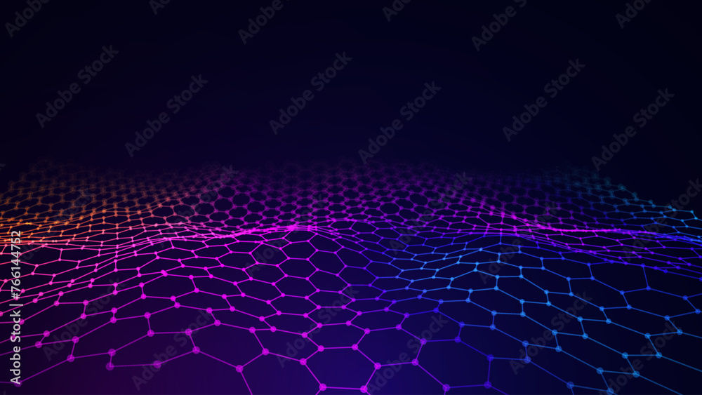 Leinwandbilder orange purple hexagon grid in perspective. colorful abstract technology background. modern nft crypt