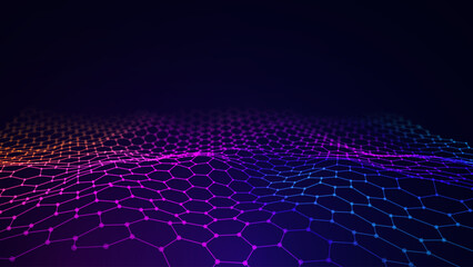 Orange Purple Hexagon Grid In Perspective. Colorful Abstract Technology Background. Modern NFT Cryptoart Blockchain Game Network Backdrop. Vector Illustration.