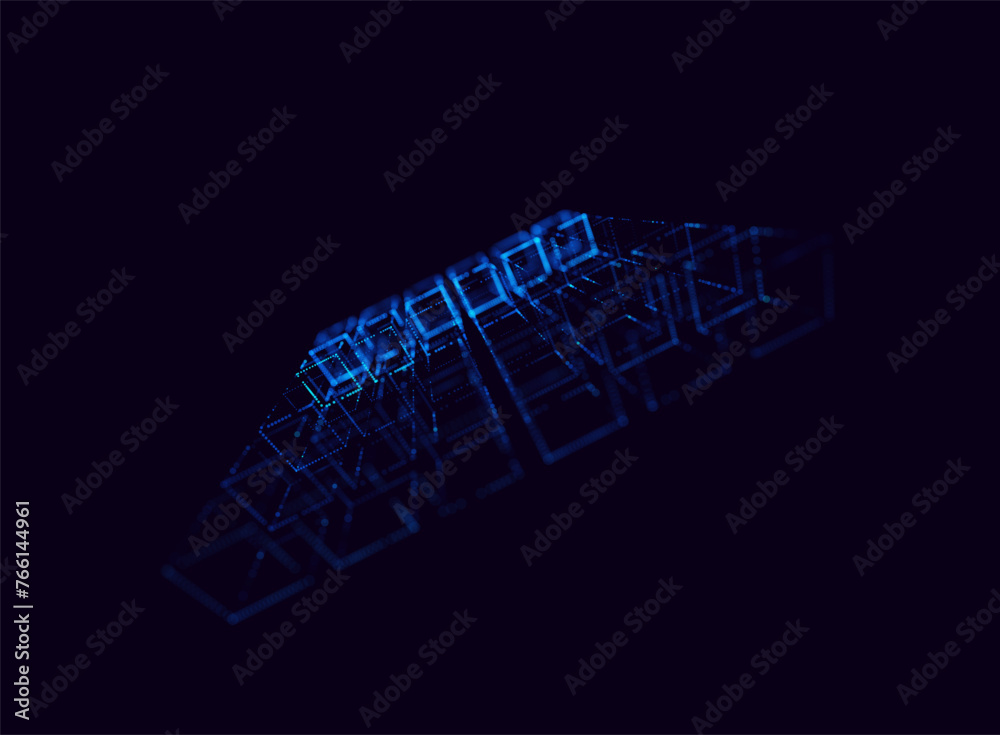 Poster Big Data Cube Quantum Computer Server Concept Background. 3D Blockchain Cube Blocks Concept. Data Sorting. Artificial Intelligence HUD Design Element.
