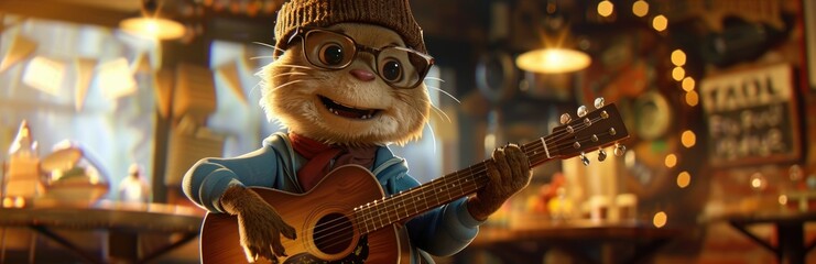 A cute anthropomorphic weasel playing guitar in the bar - obrazy, fototapety, plakaty