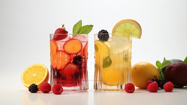Juice or lemonade in a glass, made from different fruits and berries. A refreshing refreshing drink. A healthy organic drink. Proper nutrition and diet.
