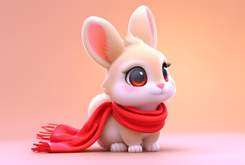 A cute rabbit cartoon character wearing a red scarf on a pastel background, perfect for holiday greetings or winter-themed designs.