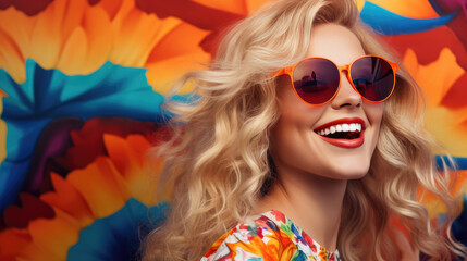 Closeup photo of happy fair haired woman wearing sunglasses with her short curly hair and smiling, enjoying the summer season outside.