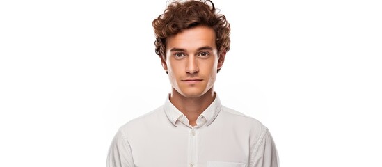 A man with curly hair is stylishly dressed in a white shirt and black pants - obrazy, fototapety, plakaty