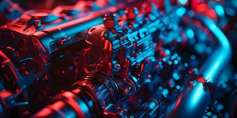 Macro shot of a car engine. Concept Car Engine, Under the Hood, Automotive Detail, Mechanical Macro Shot, Machinery Close-up - obrazy, fototapety, plakaty