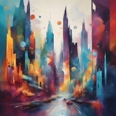 Abstract urban landscape with vibrant circles, fog, and geometric shapes.	