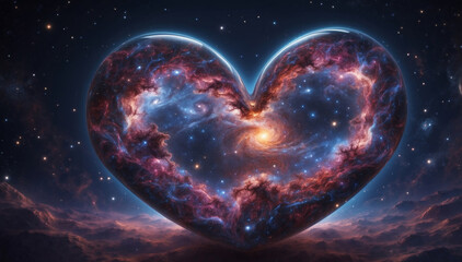 Heart shape in space with galaxy inside it, fantastic mystic background